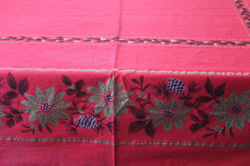 photo of vintage Christmas print cotton tablecloth, red w/ poinsettias in metallic gold #7