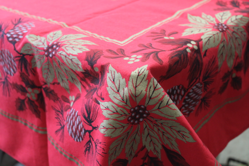 photo of vintage Christmas print cotton tablecloth, red w/ poinsettias in metallic gold #8