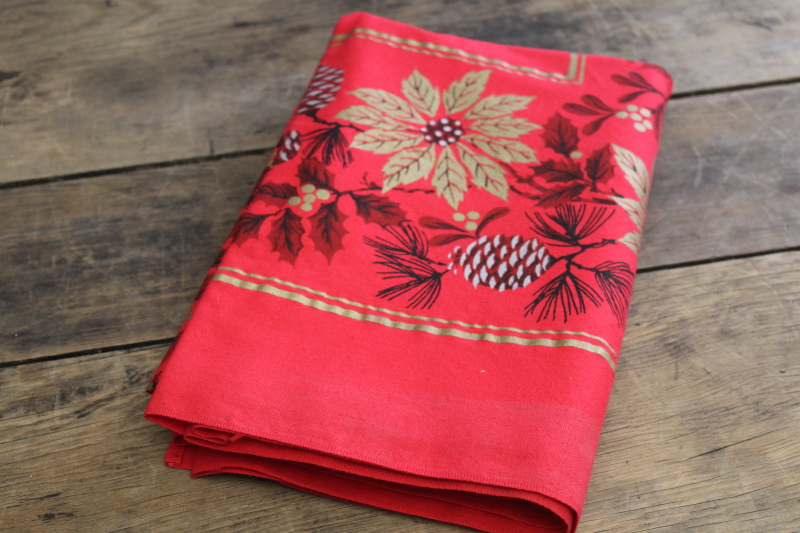 photo of vintage Christmas print cotton tablecloth, red w/ poinsettias in metallic gold #9