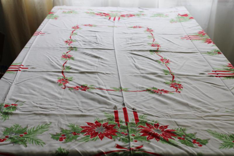 photo of vintage Christmas print tablecloth, rayon fabric w/ bells, candles, holly, poinsettias #2