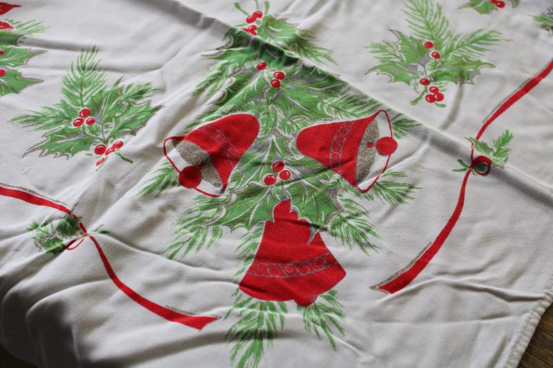 photo of vintage Christmas print tablecloth, rayon fabric w/ bells, candles, holly, poinsettias #3