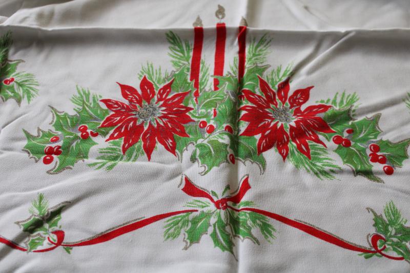 photo of vintage Christmas print tablecloth, rayon fabric w/ bells, candles, holly, poinsettias #4