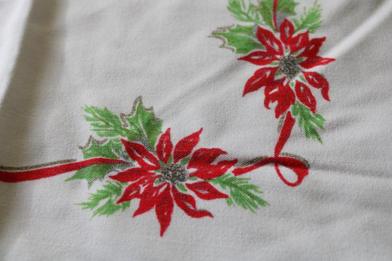 photo of vintage Christmas print tablecloth, rayon fabric w/ bells, candles, holly, poinsettias #5