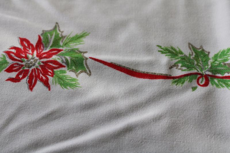 photo of vintage Christmas print tablecloth, rayon fabric w/ bells, candles, holly, poinsettias #6