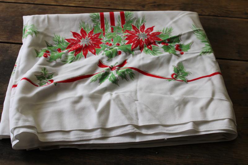 photo of vintage Christmas print tablecloth, rayon fabric w/ bells, candles, holly, poinsettias #8