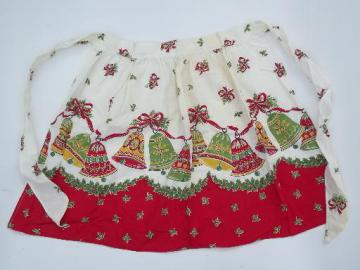 catalog photo of vintage Christmas printed cotton apron, holly bells border print fabric