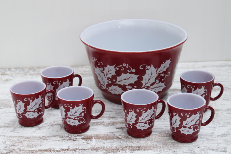 photo of vintage Christmas punch or egg nog set, milk glass bowl mugs holly print on red Hazel Atlas glass #1