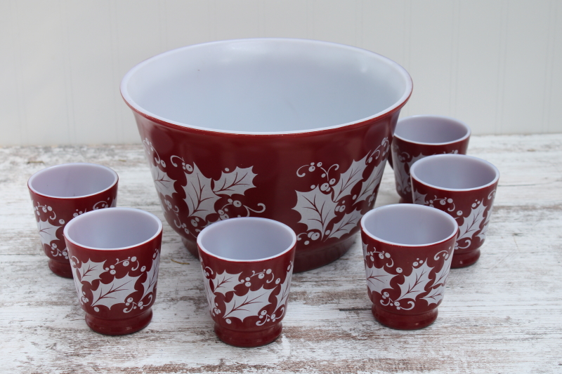 photo of vintage Christmas punch or egg nog set, milk glass bowl mugs holly print on red Hazel Atlas glass #2