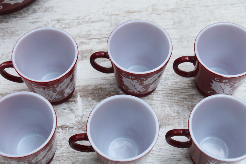 photo of vintage Christmas punch or egg nog set, milk glass bowl mugs holly print on red Hazel Atlas glass #3