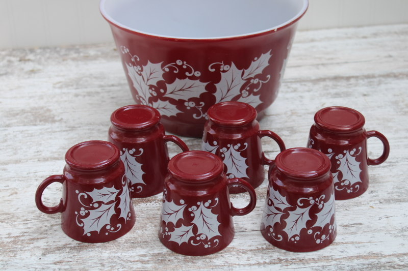 photo of vintage Christmas punch or egg nog set, milk glass bowl mugs holly print on red Hazel Atlas glass #8