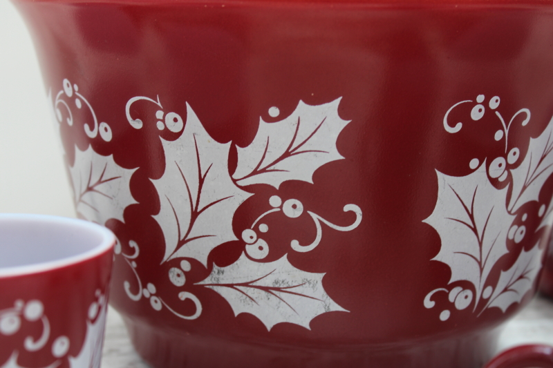 photo of vintage Christmas punch or egg nog set, milk glass bowl mugs holly print on red Hazel Atlas glass #10