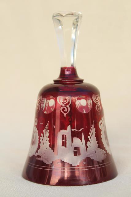 photo of vintage Christmas table bell, Bohemian crystal ruby cut to clear glass #3