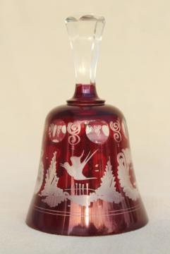 catalog photo of vintage Christmas table bell, Bohemian crystal ruby cut to clear glass