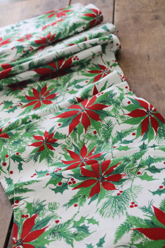 photo of vintage Christmas tablecloth poinsettias print cotton fabric long banquet table size #4