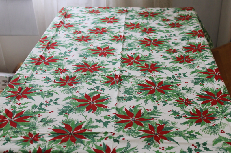 photo of vintage Christmas tablecloth poinsettias print cotton fabric long banquet table size #5