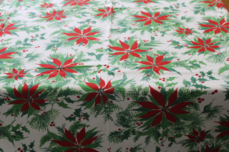 photo of vintage Christmas tablecloth poinsettias print cotton fabric long banquet table size #6