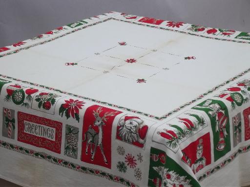 photo of vintage Christmas tablecloths lot, holiday prints and mid-century mod gold #7