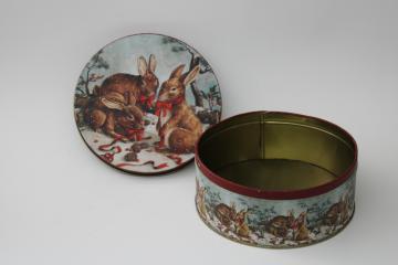 catalog photo of vintage Christmas tin, rustic style winter woodland scene rabbits in the snow print