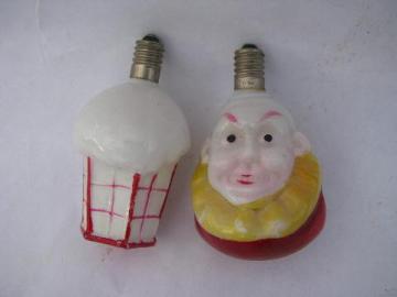 catalog photo of vintage Christmas tree decorations, old figural glass electric light bulb lot