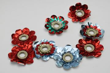 catalog photo of vintage Christmas tree light bulb reflectors, colored foil flowers to fit big bulb lights 
