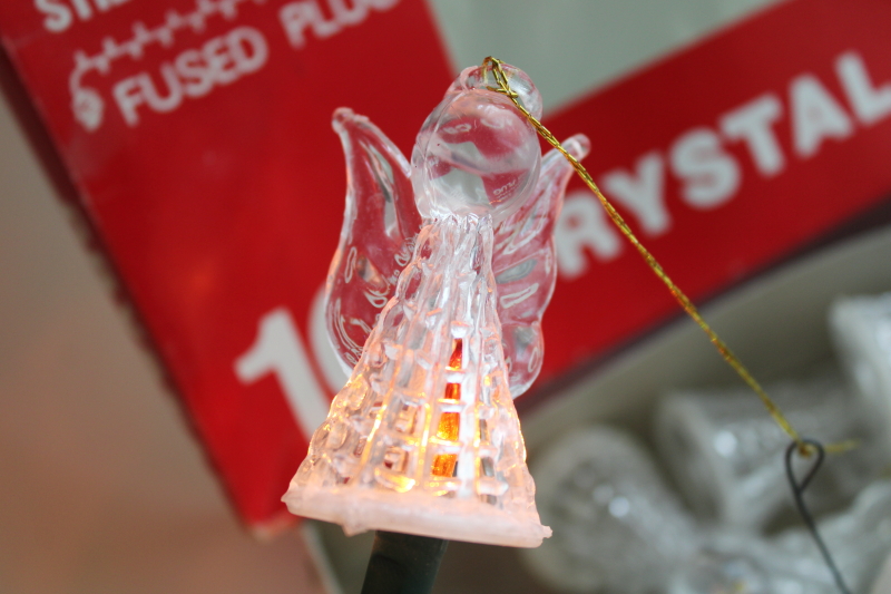 photo of vintage Christmas tree mini light bulb covers, NOMA clear plastic crystal angels spun glass look  #2