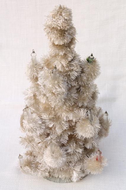 photo of vintage Christmas tree tabletop white chenille feather tree early electric glass candles #6