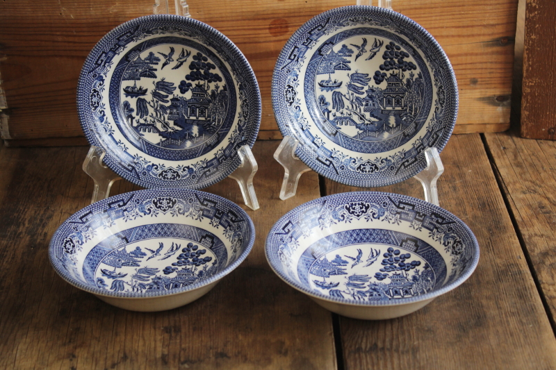 photo of vintage Churchill England blue willow pattern china cereal bowls set of four #1