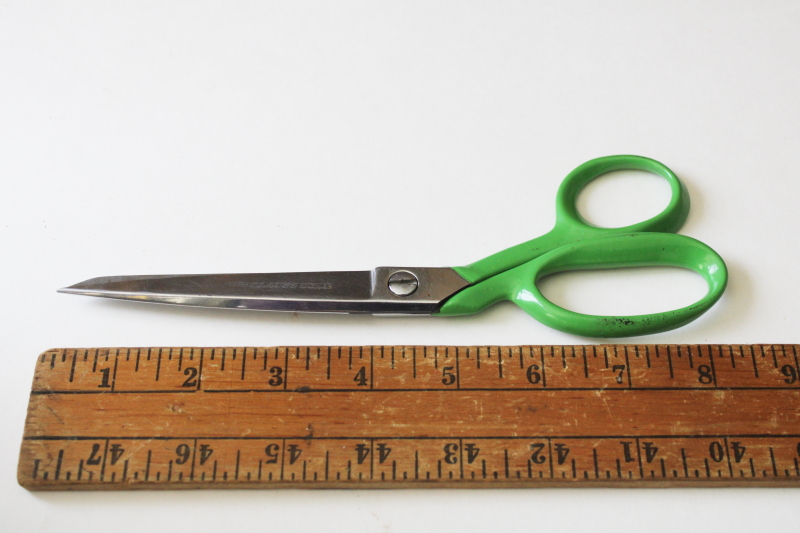 photo of vintage Clauss 238 USA moly stainless steel scissors, green handles sewing shears  #1
