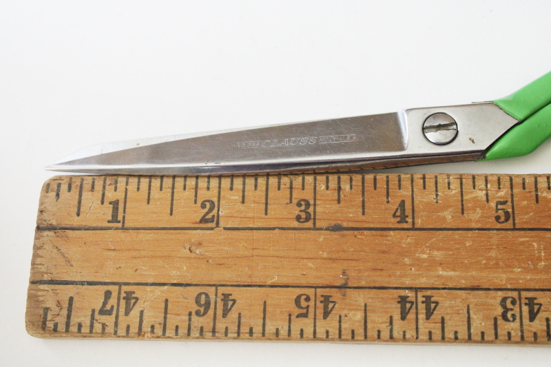 photo of vintage Clauss 238 USA moly stainless steel scissors, green handles sewing shears  #2