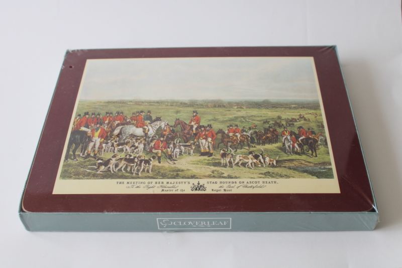 photo of vintage Cloverleaf cork backed place mats, Pimpernel style hard board w/ hunt scene prints #1