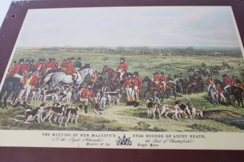 photo of vintage Cloverleaf cork backed place mats, Pimpernel style hard board w/ hunt scene prints #2