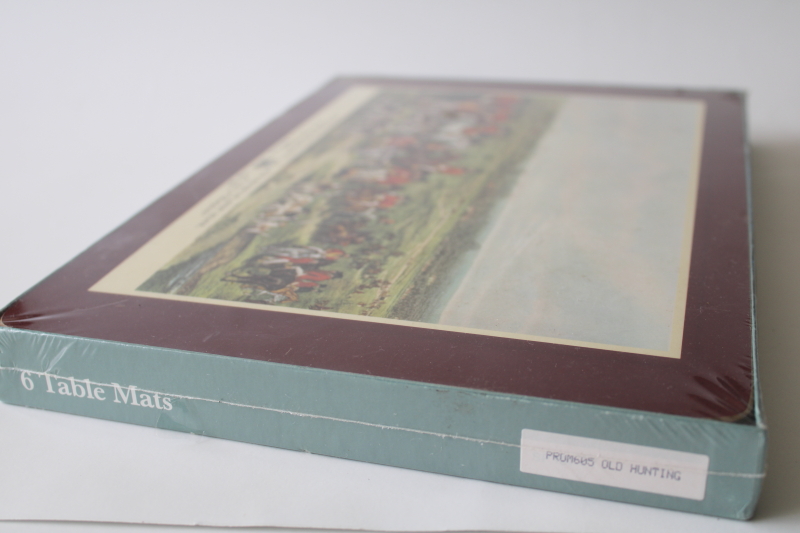 photo of vintage Cloverleaf cork backed place mats, Pimpernel style hard board w/ hunt scene prints #3