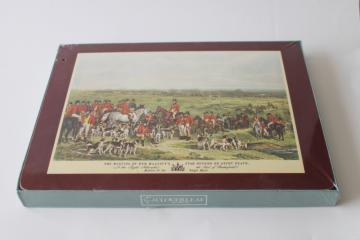 catalog photo of vintage Cloverleaf cork backed place mats, Pimpernel style hard board w/ hunt scene prints