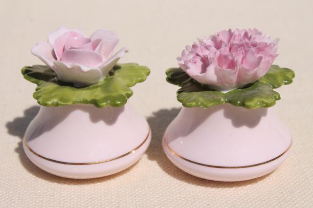 photo of vintage Coalport bone china salt and pepper shakers, shell pink china flowers S&P #1