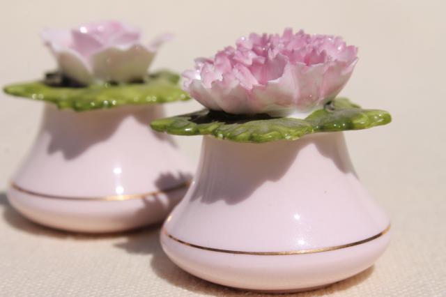 photo of vintage Coalport bone china salt and pepper shakers, shell pink china flowers S&P #2