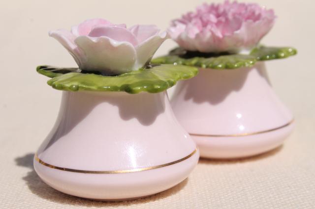 photo of vintage Coalport bone china salt and pepper shakers, shell pink china flowers S&P #3