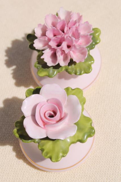 photo of vintage Coalport bone china salt and pepper shakers, shell pink china flowers S&P #4