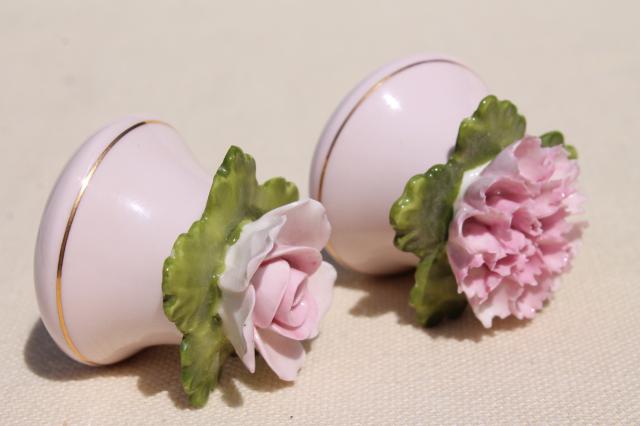 photo of vintage Coalport bone china salt and pepper shakers, shell pink china flowers S&P #7