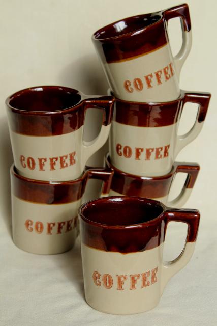 photo of vintage Coffee mugs, heavy brown band stoneware Western Monmouth pottery #1