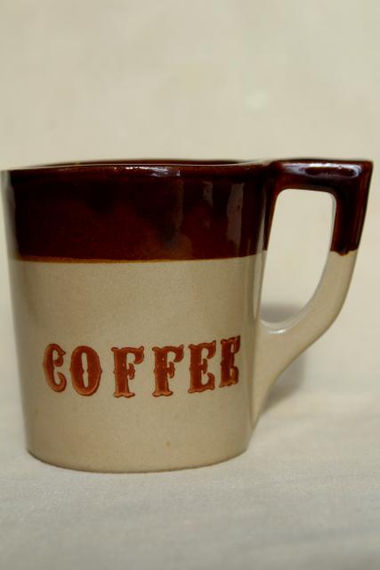 photo of vintage Coffee mugs, heavy brown band stoneware Western Monmouth pottery #3