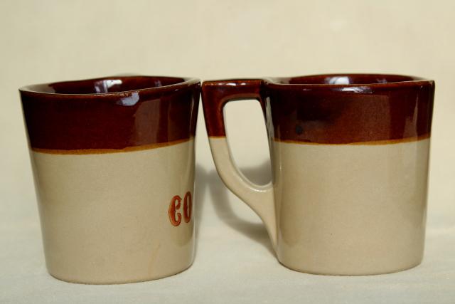 photo of vintage Coffee mugs, heavy brown band stoneware Western Monmouth pottery #4