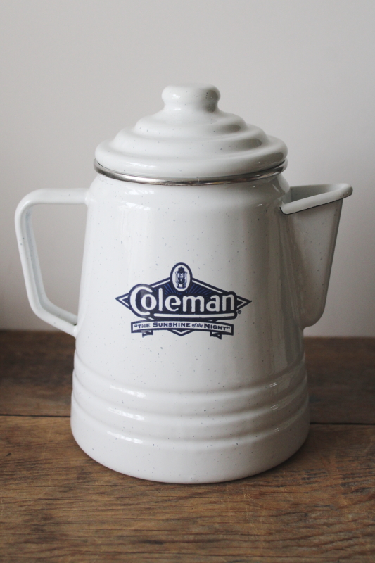 photo of vintage Coleman percolator camp coffee pot white enamel w/ blue The Sunshine of the Night logo  #1