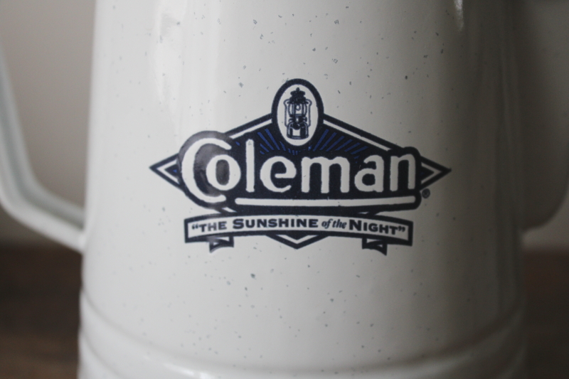 photo of vintage Coleman percolator camp coffee pot white enamel w/ blue The Sunshine of the Night logo #4