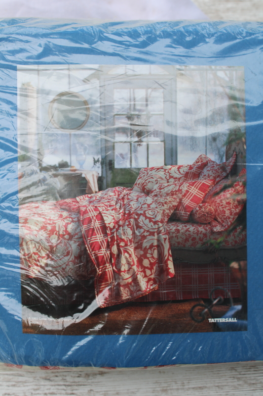 photo of vintage Collier Campbell sheets set sealed package full size w/ pillowcases, red & white tattersall floral  #4