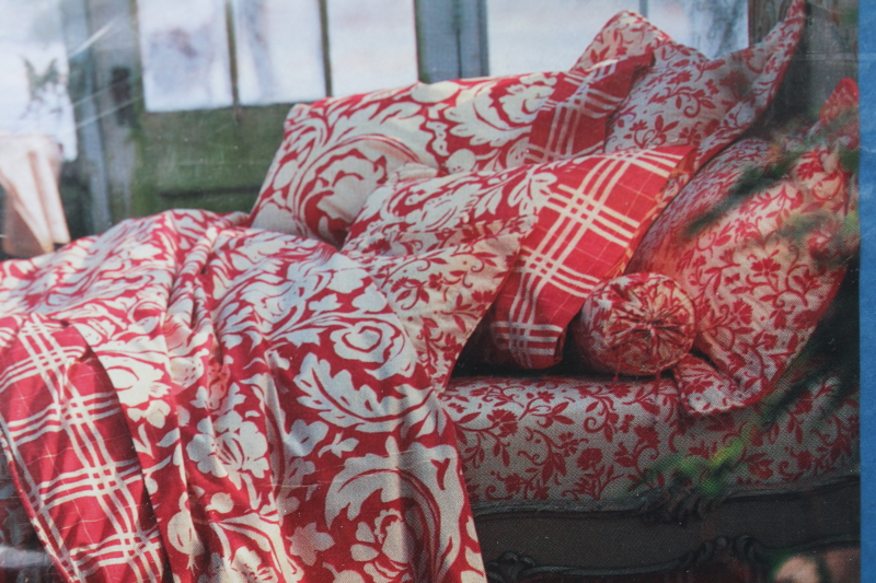 photo of vintage Collier Campbell sheets set sealed package full size w/ pillowcases, red & white tattersall floral  #5