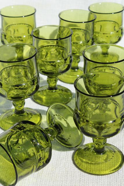 photo of vintage Colony King's Crown pattern glass wine glasses, avocado green glass goblets #1