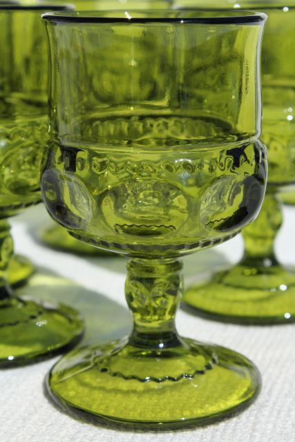 photo of vintage Colony King's Crown pattern glass wine glasses, avocado green glass goblets #2