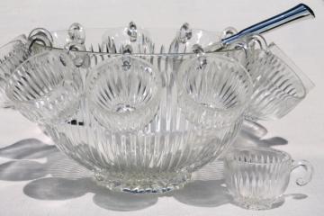 catalog photo of vintage Colony Starlight prismatic ribbed glass punch bowl set w/ hooked handle cups & ladle