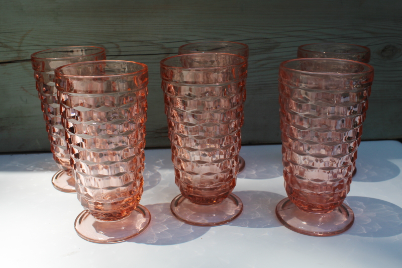 photo of vintage Colony Whitehall cube pattern glass tumblers, tall glasses peach pink colored glass #1