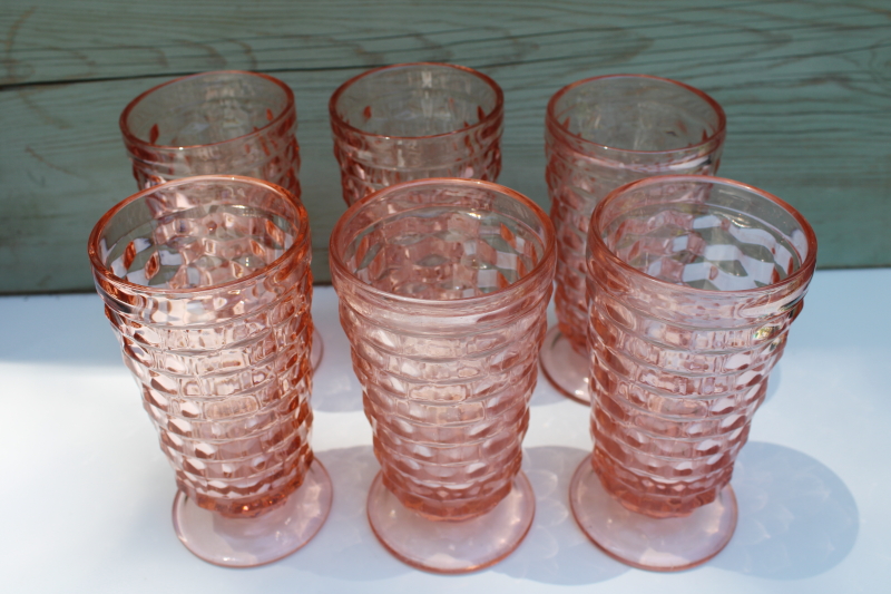 photo of vintage Colony Whitehall cube pattern glass tumblers, tall glasses peach pink colored glass #2